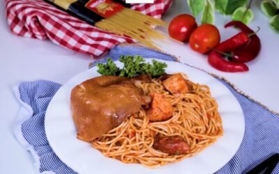 Jollof Spaghetti with Smoked Chicken