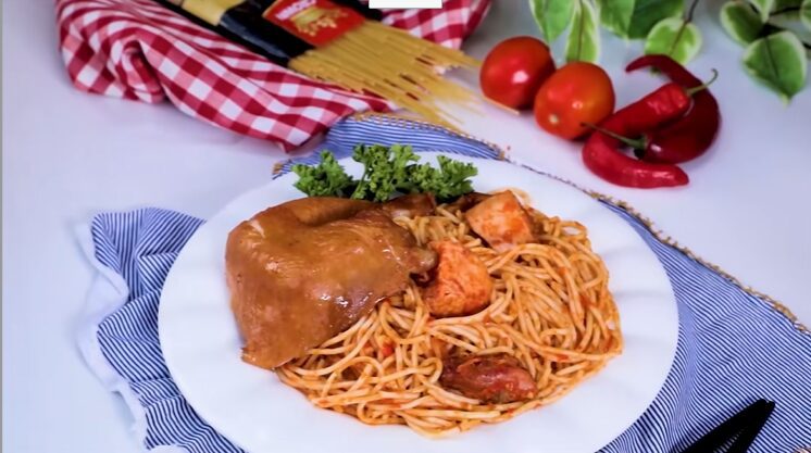 Jollof Spaghetti with Smoked Chicken